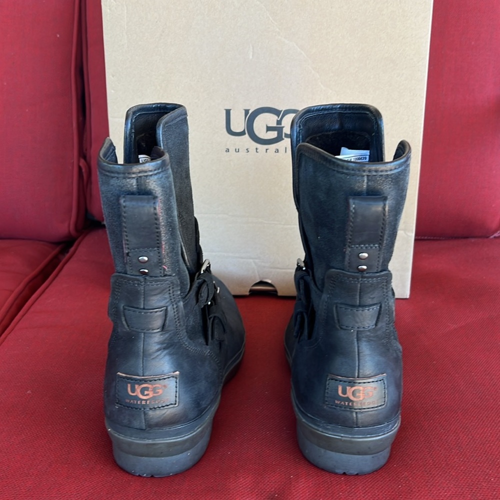 UGG Black Combat & Moto Boots with Buckle Straps and Mid-Calf Height - Picture 2 of 6
